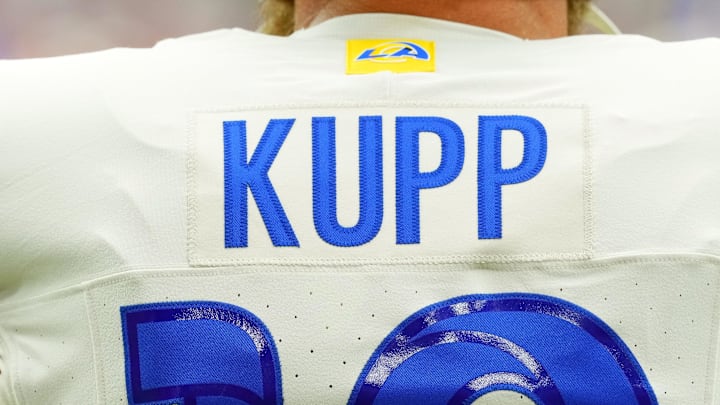 Sep 15, 2024; Glendale, Arizona, USA; The details of the jersey of Los Angeles Rams wide receiver Cooper Kupp (10) before the game against the Arizona Cardinals at State Farm Stadium. Mandatory Credit: Joe Camporeale-Imagn Images