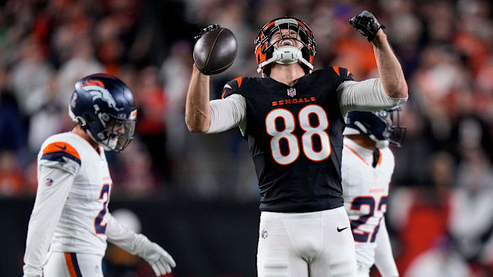 Cincinnati Bengals tight end Mike Gesicki (88) celebrates a first down in overtime of the NFL Week 17 game between the Cincinnati Bengals and the Denver Broncos at Paycor Stadium in downtown Cincinnati on Saturday, Dec. 28, 2024. The Bengals took a 30-24 win in overtime to remain in the post season chase.