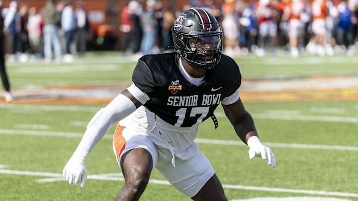 Jan 29, 2025; Mobile, AL, USA; American team linebacker Demetrius Knight II of South Carolina (17) works in drills during Senior Bowl practice for the National team at Hancock Whitney Stadium. Mandatory Credit: Vasha Hunt-Imagn Images