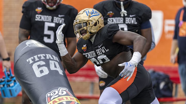 National team defensive lineman Oluwafemi Oladejo of UCLA works through drills during Senior Bowl practice. Mandatory Credit: Vasha Hunt-Imagn Images National team defensive lineman Oluwafemi Oladejo of UCLA works through drills during Senior Bowl practice. Mandatory Credit: Vasha Hunt-Imagn Images