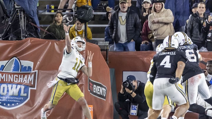 Dec 27, 2024; Birmingham, AL, USA; Georgia Tech Yellow Jackets quarterback Haynes King (10) throws the ball against the Vanderbilt Commodores during the second half of the 2024 Birmingham Bowl at Protective Stadium. Mandatory Credit: Vasha Hunt-Imagn Images Dec 27, 2024; Birmingham, AL, USA; Georgia Tech Yellow Jackets quarterback Haynes King (10) throws the ball against the Vanderbilt Commodores during the second half of the 2024 Birmingham Bowl at Protective Stadium. Mandatory Credit: Vasha Hunt-Imagn Images