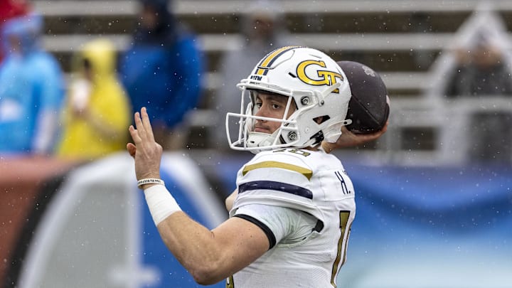 Dec 27, 2024; Birmingham, AL, USA; Georgia Tech Yellow Jackets quarterback Haynes King (10) warms up before the 2024 Birmingham Bowl at Protective Stadium. Mandatory Credit: Vasha Hunt-Imagn Images