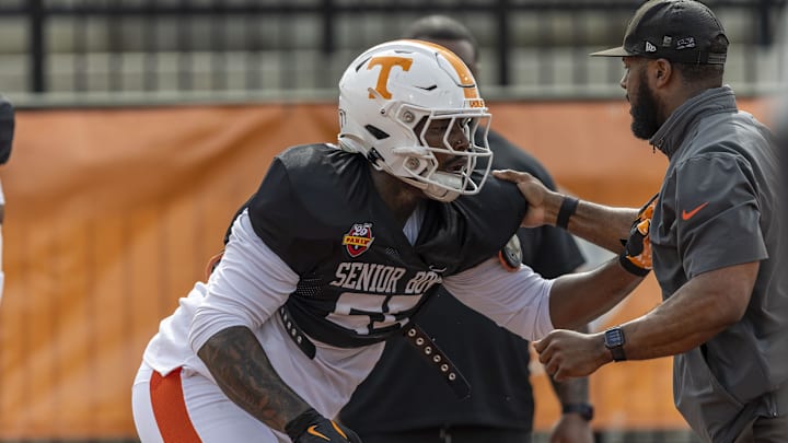 Jan 30, 2025; Mobile, AL, USA; American team defensive lineman Omarr Norman-Lott of Tennessee (55) works through drills during Senior Bowl practice for the American team at Hancock Whitney Stadium. Mandatory Credit: Vasha Hunt-Imagn Images Jan 30, 2025; Mobile, AL, USA; American team defensive lineman Omarr Norman-Lott of Tennessee (55) works through drills during Senior Bowl practice for the American team at Hancock Whitney Stadium. Mandatory Credit: Vasha Hunt-Imagn Images