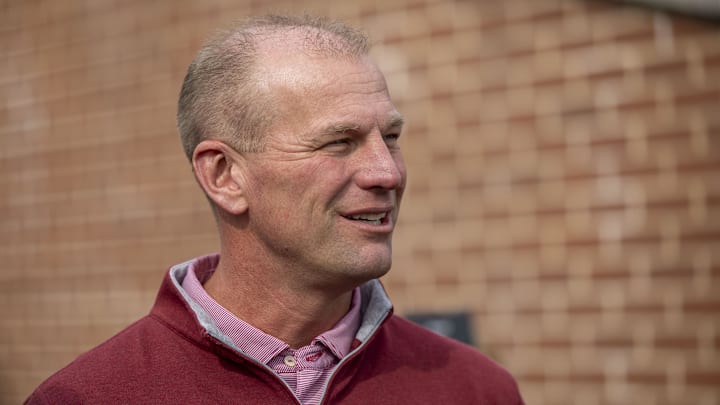 Jan 28, 2025; Mobile, AL, USA; Alabama football head coach Kalen DeBoer visits the field during Senior Bowl practice for the American team at Hancock Whitney Stadium. Mandatory Credit: Vasha Hunt-Imagn Images