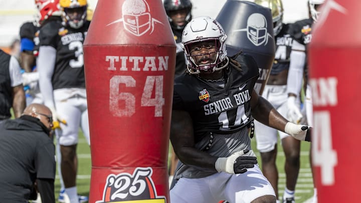 Jan 29, 2025; Mobile, AL, USA; American team defensive lineman Shemar Stewart of Texas AM (14) works in drills during Senior Bowl practice for the National team at Hancock Whitney Stadium.