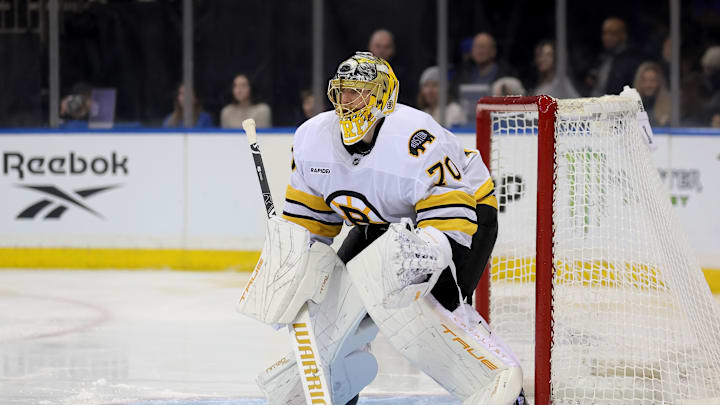 Jan 26, 2026; New York, New York, USA; Boston Bruins goaltender Joonas Korpisalo (70) tends net against the New York Rangers during the second period at Madison Square Garden. Mandatory Credit: Brad Penner-Imagn Images