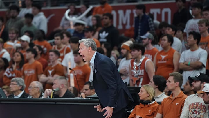 Dec 3, 2025; Austin, Texas, USA; Virginia Cavaliers head coach Ryan Odom reacts during the second half against the Texas Longhorns at Moody Center. Mandatory Credit: Dustin Safranek-Imagn Images