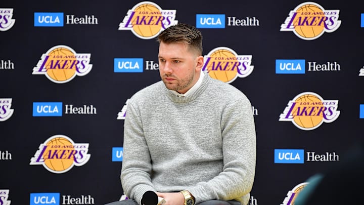 Feb 4, 2025; El Segundo, CA, USA; Los Angeles Lakers guard Luka Doncic is introduced at UCLA Health Training Center. Mandatory Credit: Gary A. Vasquez-Imagn Images Feb 4, 2025; El Segundo, CA, USA; Los Angeles Lakers guard Luka Doncic is introduced at UCLA Health Training Center. Mandatory Credit: Gary A. Vasquez-Imagn Images