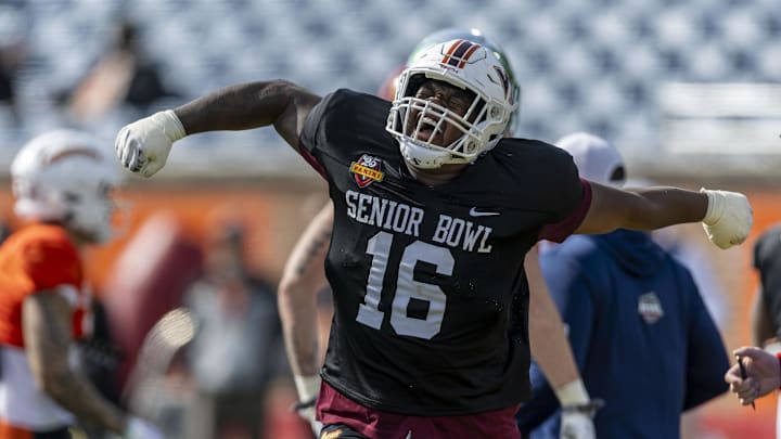 Jan 28, 2025; Mobile, AL, USA; National team defensive lineman Aeneas Peebles of Virginia Tech (16) reacts to a stop during Senior Bowl practice for the National team at Hancock Whitney Stadium.  