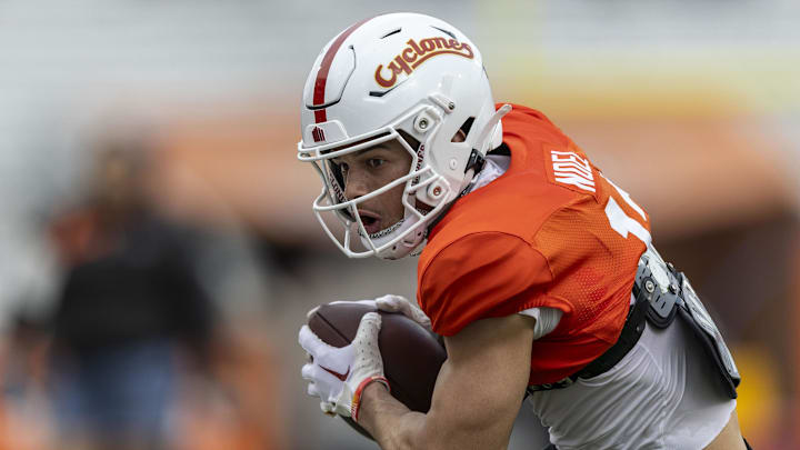 Jan 30, 2025; Mobile, AL, USA; National team wide receiver Jaylin Noel of Iowa State (12) works through drills during Senior Bowl practice for the National team at Hancock Whitney Stadium. Jan 30, 2025; Mobile, AL, USA; National team wide receiver Jaylin Noel of Iowa State (12) works through drills during Senior Bowl practice for the National team at Hancock Whitney Stadium.
