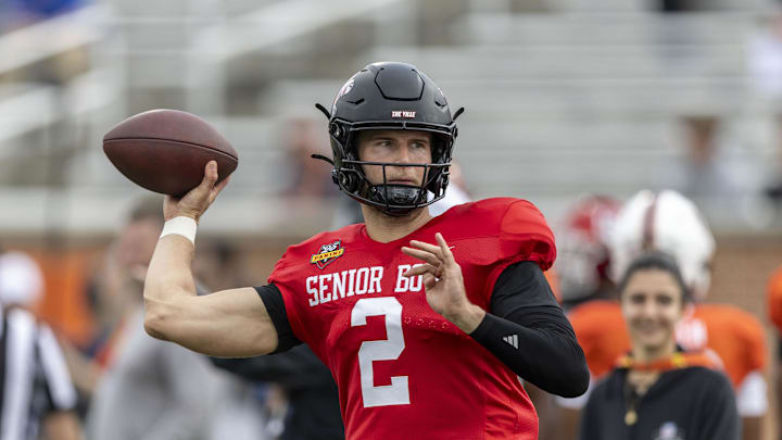 Jan 30, 2025; Mobile, AL, USA; National team quarterback Tyler Shough of Louisville (2) works through drills during Senior Bowl practice for the National team at Hancock Whitney Stadium. Jan 30, 2025; Mobile, AL, USA; National team quarterback Tyler Shough of Louisville (2) works through drills during Senior Bowl practice for the National team at Hancock Whitney Stadium.