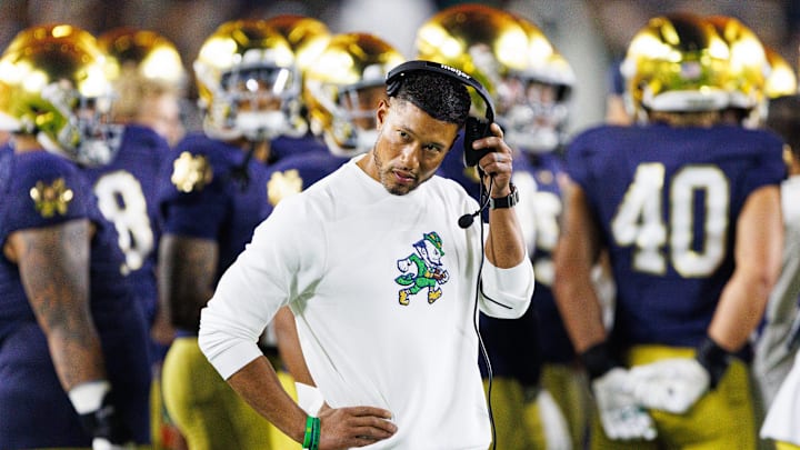 Notre Dame head coach Marcus Freeman looks on in the second half of a NCAA football game against Texas A&M at Notre Dame Stadium on Saturday, Sept. 13, 2025, in South Bend.