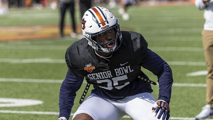 Jan 29, 2025; Mobile, AL, USA; American team linebacker Jalen McLeod of Auburn (35) works in drills during Senior Bowl practice for the National team at Hancock Whitney Stadium. Mandatory Credit: Vasha Hunt-Imagn Images