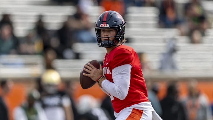 Jan 28, 2025; Mobile, AL, USA; American team quarterback Jaxson Dart of Ole Miss (2) looks to throw during Senior Bowl practice for the American team at Hancock Whitney Stadium. Mandatory Credit: Vasha Hunt-Imagn Images