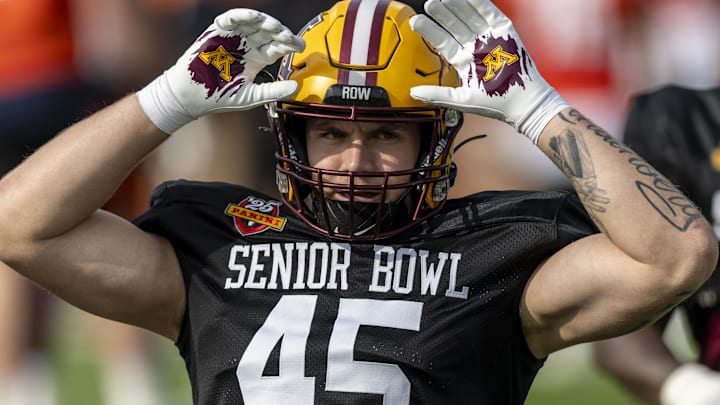 Jan 28, 2025; Mobile, AL, USA; National team linebacker Cody Lindenberg of Minnesota (45) works between plays during Senior Bowl practice for the National team at Hancock Whitney Stadium. Mandatory Credit: Vasha Hunt-Imagn Images