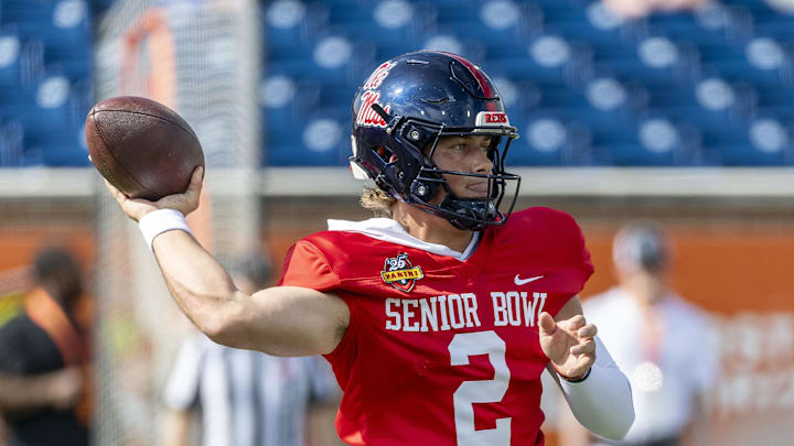 Jan 29, 2025; Mobile, AL, USA; American team quarterback Jaxson Dart of Ole Miss (2) throws the ball during Senior Bowl practice for the National team at Hancock Whitney Stadium. Mandatory Credit: Vasha Hunt-Imagn Images