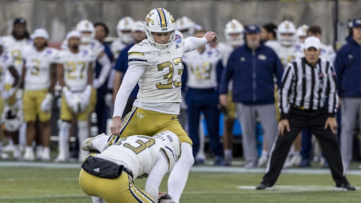 Aidan Birr, seen here kicking a field goal in the Birmingham Bowl, was a hero for Georgia Tech on a bigger stage Saturday.