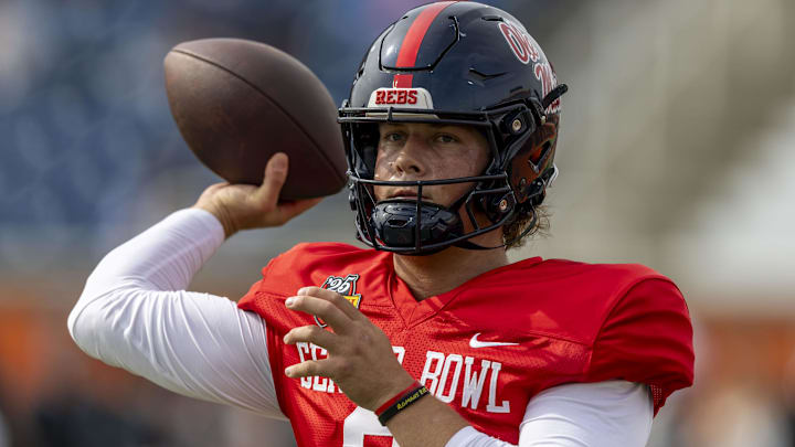 Jan 28, 2025; Mobile, AL, USA; American team quarterback Jaxson Dart of Ole Miss (2) throws the ball during Senior Bowl practice for the American team at Hancock Whitney Stadium. Mandatory Credit: Vasha Hunt-Imagn Images