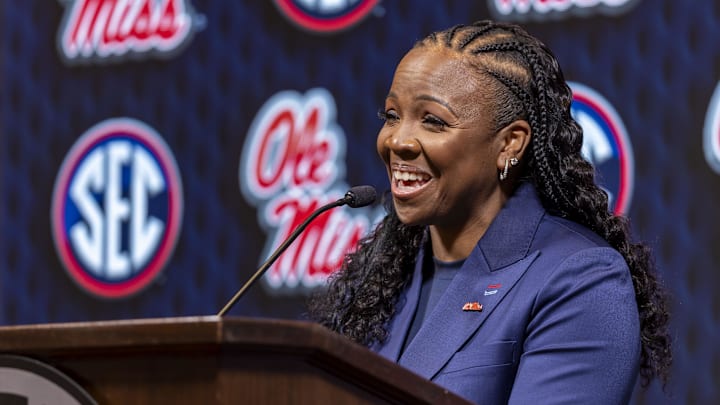 Oct 16, 2024; Birmingham, AL, USA; Ole Miss Rebels head coach Yolett McPhee-McCuin talks with the media during SEC Media Days at Grand Bohemian Hotel. Mandatory Credit: Vasha Hunt-Imagn Images Oct 16, 2024; Birmingham, AL, USA; Ole Miss Rebels head coach Yolett McPhee-McCuin talks with the media during SEC Media Days at Grand Bohemian Hotel. Mandatory Credit: Vasha Hunt-Imagn Images
