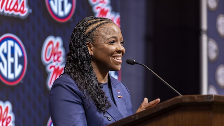 Oct 16, 2024; Birmingham, AL, USA; Ole Miss Rebels head coach Yolett McPhee-McCuin talks with the media during SEC Media Days at Grand Bohemian Hotel. Mandatory Credit: Vasha Hunt-Imagn Images Oct 16, 2024; Birmingham, AL, USA; Ole Miss Rebels head coach Yolett McPhee-McCuin talks with the media during SEC Media Days at Grand Bohemian Hotel. Mandatory Credit: Vasha Hunt-Imagn Images