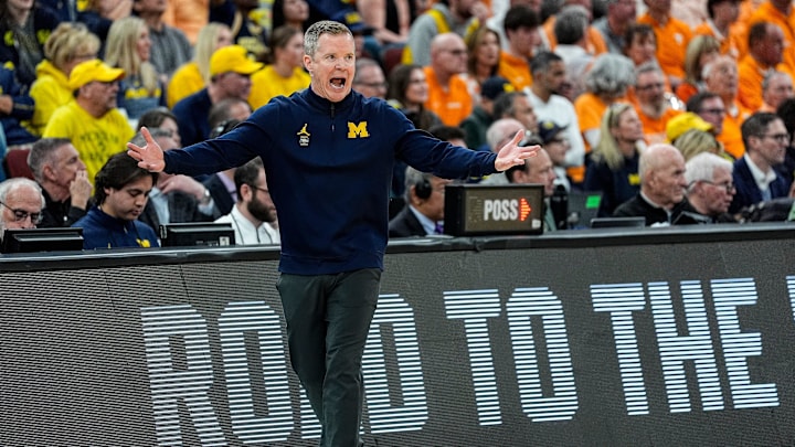 Michigan head coach Dusty May reacts to a play against Tennessee during the second half of NCAA Tournament Elite 8 round at United Center in Chicago on Sunday, March 29, 2026.