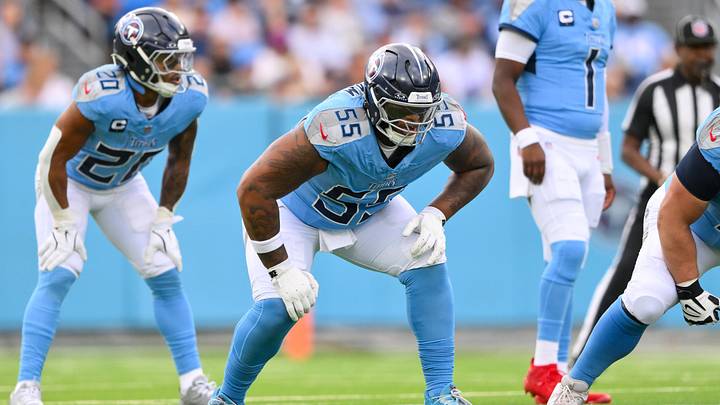 Dec 28, 2025; Nashville, Tennessee, USA;  Tennessee Titans offensive tackle JC Latham (55) in his stance against the New Orleans Saints during the first half at Nissan Stadium. Mandatory Credit: Steve Roberts-Imagn Images