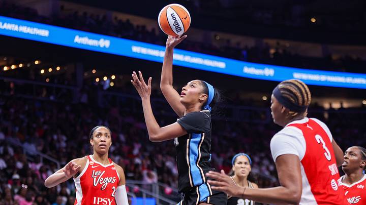 Aug 3, 2026; Atlanta, Georgia, USA; Atlanta Dream forward Angel Reese (5) shoots against the Las Vegas Aces in the third quarter at State Farm Arena. Mandatory Credit: Brett Davis-Imagn Images