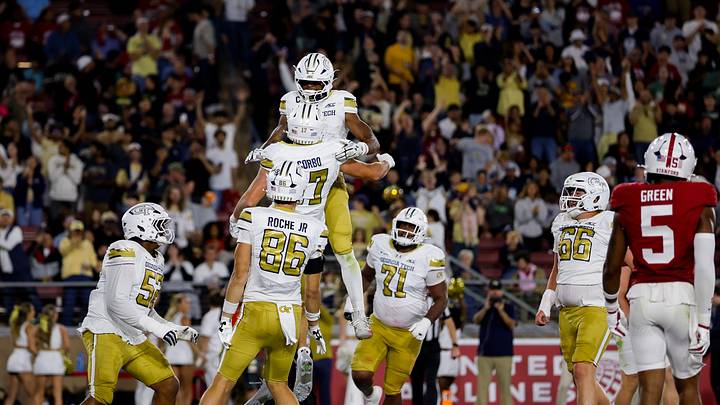 Sep 26, 2026; Stanford, California, USA;  Georgia Tech Yellow Jackets running back Trelain Maddox (1) scores during the first quarter against the Stanford Cardinal at Stanford Stadium.  Mandatory Credit: Sergio Estrada-Imagn Images
