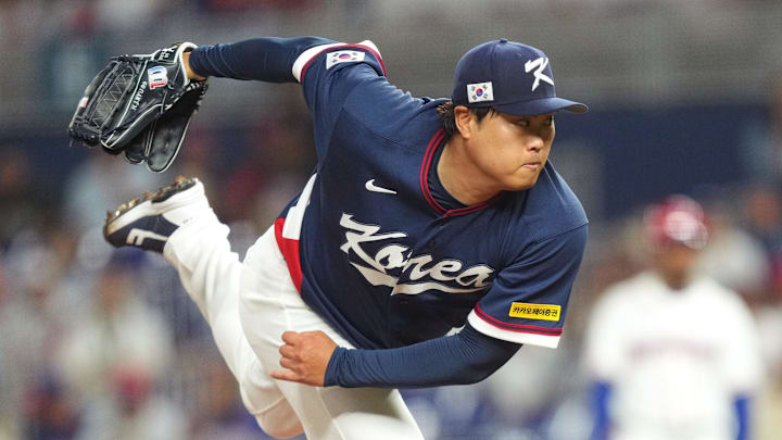 Mar 13, 2026; Miami, FL, United States; Korea pitcher Hyun Jin Ryu (99) pitches in the first inning against the Dominican Republic during a quarterfinal game of the 2026 World Baseball Classic at loanDepot Park. Mandatory Credit: Jim Rassol-Imagn Images