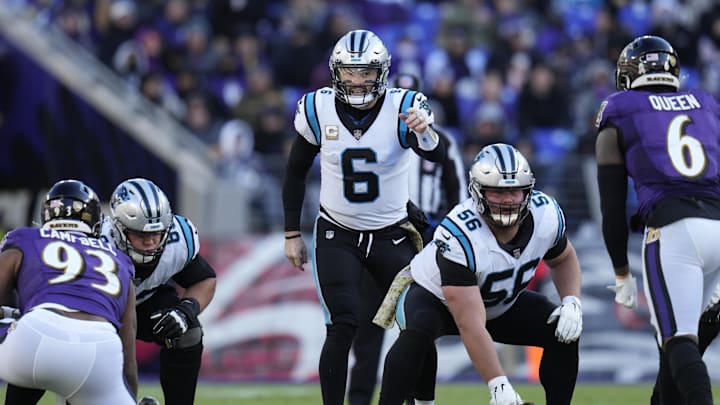 Nov 20, 2022; Baltimore, Maryland, USA;  Carolina Panthers quarterback Baker Mayfield (6) calls out