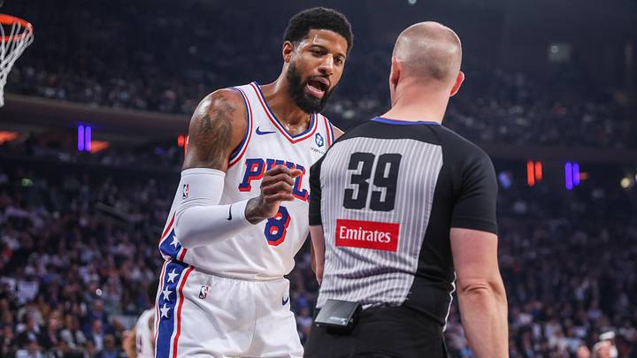 May 6, 2026; New York, New York, USA; Philadelphia 76ers forward Paul George (8) argues with an official during game five of the second round of the 2026 NBA Playoffs against the New York Knicks at Madison Square Garden. Mandatory Credit: Wendell Cruz-Imagn Images