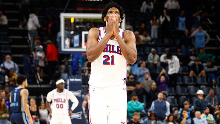 Nov 20, 2024; Memphis, Tennessee, USA; Philadelphia 76ers center Joel Embiid (21) reacts after a turnover during the second half against the Memphis Grizzlies at FedExForum. Mandatory Credit: Petre Thomas-Imagn Images
