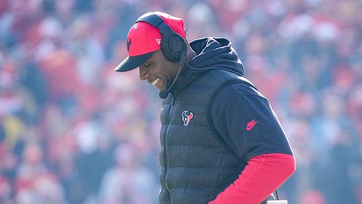 Dec 21, 2024; Kansas City, Missouri, USA; Houston Texans head coach DeMeco Ryans returns to the sidelines against the Houston Texans during the first half at GEHA Field at Arrowhead Stadium. Mandatory Credit: Denny Medley-Imagn Images