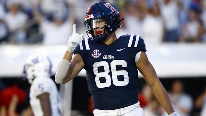 Aug 31, 2024; Oxford, Mississippi, USA; Mississippi Rebels tight end Caden Prieskorn (86) reacts after a touchdown catch against the Furman Paladins during the first half at Vaught-Hemingway Stadium. Mandatory Credit: Petre Thomas-Imagn Images Aug 31, 2024; Oxford, Mississippi, USA; Mississippi Rebels tight end Caden Prieskorn (86) reacts after a touchdown catch against the Furman Paladins during the first half at Vaught-Hemingway Stadium. Mandatory Credit: Petre Thomas-Imagn Images