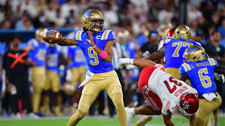 Aug 30, 2025; Pasadena, California, USA;  UCLA Bruins quarterback Nico Iamaleava (9) throws against the against the Utah Utes during the first half at the Rose Bowl. Mandatory Credit: Gary A. Vasquez-Imagn Images