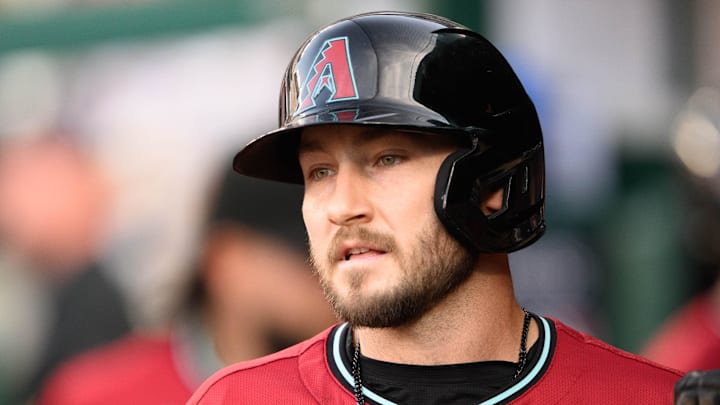 Apr 5, 2025; Washington, District of Columbia, USA; Arizona Diamondbacks outfielder Garrett Hampson (8) reacts after scoring a run during the eighth inning against the Washington Nationals at Nationals Park. Mandatory Credit: Reggie Hildred-Imagn Images