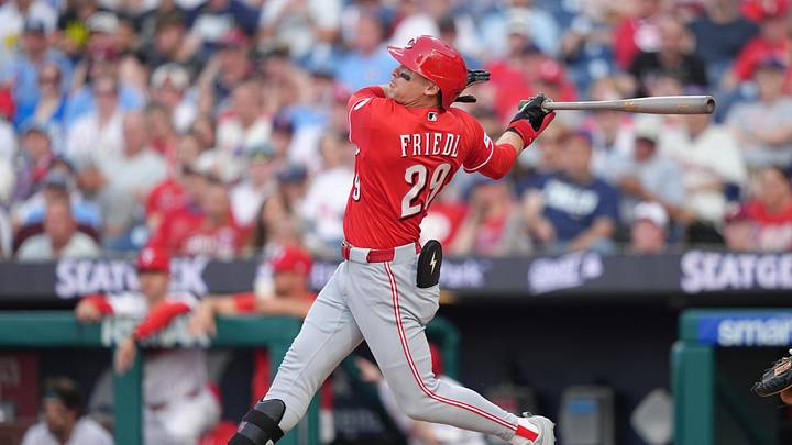 May 18, 2026; Philadelphia, Pennsylvania, USA; Cincinnati Reds outfielder TJ Friedl (29) hits a sacrifice fly against the Philadelphia Phillies in the second inning at Citizens Bank Park. Mandatory Credit: Kyle Ross-Imagn Images May 18, 2026; Philadelphia, Pennsylvania, USA; Cincinnati Reds outfielder TJ Friedl (29) hits a sacrifice fly against the Philadelphia Phillies in the second inning at Citizens Bank Park. Mandatory Credit: Kyle Ross-Imagn Images