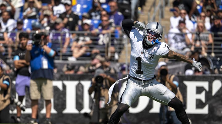 Sep 15, 2024; Baltimore, Maryland, USA; Las Vegas Raiders safety Marcus Epps (1) reacts after masking tackle behind the line of scrimmage during the first quarter against the Baltimore Ravens at M&T Bank Stadium. Mandatory Credit: Tommy Gilligan-Imagn Images Sep 15, 2024; Baltimore, Maryland, USA; Las Vegas Raiders safety Marcus Epps (1) reacts after masking tackle behind the line of scrimmage during the first quarter against the Baltimore Ravens at M&T Bank Stadium. Mandatory Credit: Tommy Gilligan-Imagn Images