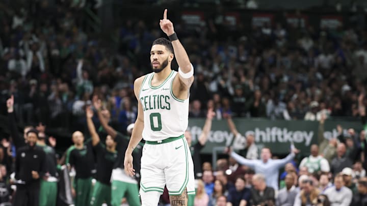 Jan 25, 2025; Dallas, Texas, USA;  Boston Celtics forward Jayson Tatum (0) reacts after scoring during the second half against the Dallas Mavericks at American Airlines Center. Mandatory Credit: Kevin Jairaj-Imagn Images