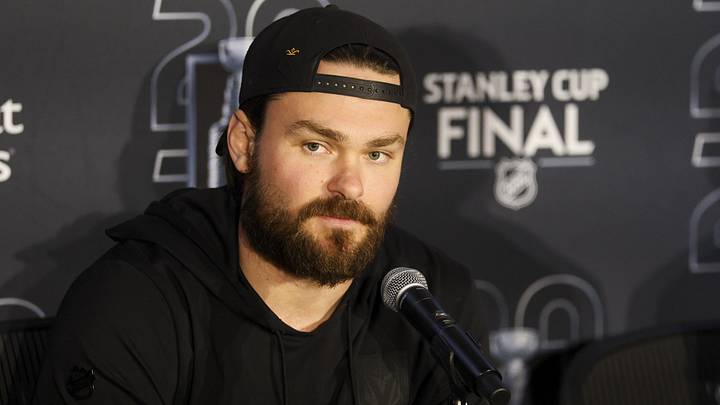 Jun 3, 2026; Raleigh, North Carolina, USA; Vegas Golden Knights defenseman Rasmus Andersson (4) during a press conference for the 2026 Stanley Cup Final at Lenovo Center. Mandatory Credit: Nathan Ray Seebeck-Imagn Images