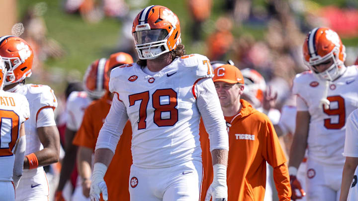 Oct 12, 2024; Winston-Salem, North Carolina, USA; Clemson Tigers offensive lineman Blake Miller (78) during the second half against the Wake Forest Demon Deacons at Allegacy Federal Credit Union Stadium. Oct 12, 2024; Winston-Salem, North Carolina, USA; Clemson Tigers offensive lineman Blake Miller (78) during the second half against the Wake Forest Demon Deacons at Allegacy Federal Credit Union Stadium.