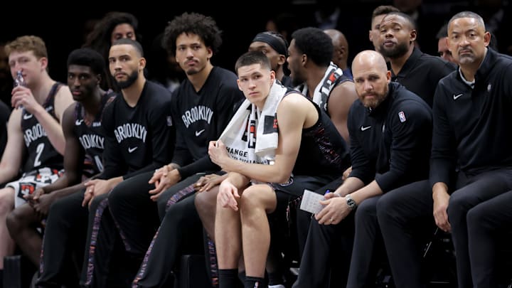Jan 23, 2026; Brooklyn, New York, USA; Brooklyn Nets guard Egor Demin (8) watches from the bench during double overtime against the Boston Celtics at Barclays Center. Mandatory Credit: Brad Penner-Imagn Images