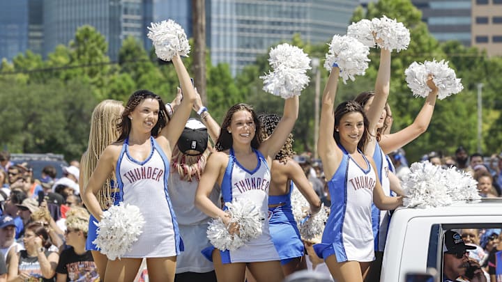 Jun 24, 2025; Oklahoma City, OK, USA; Oklahoma City Thunder Girls waves to fans along the Oklahoma City Thunder Champions parade route.