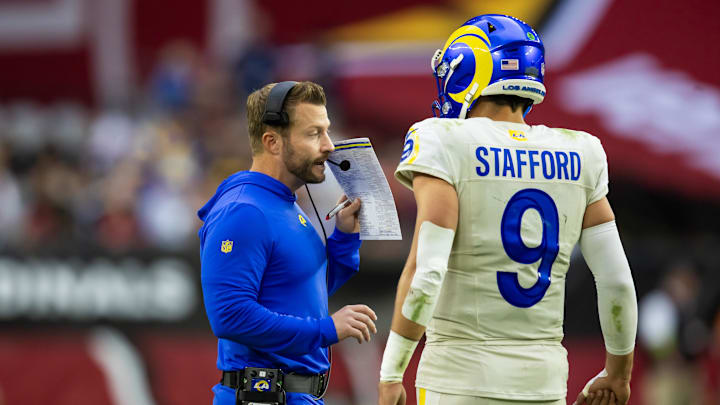 McVay talks with Stafford during a game. 