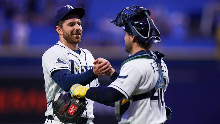 May 18, 2026; St. Petersburg, Florida, USA; Tampa Bay Rays pitcher Hunter Bigge (43) and catcher Nick Fortes (40) react after beating the Baltimore Orioles at Tropicana Field. Mandatory Credit: Nathan Ray Seebeck-Imagn Images May 18, 2026; St. Petersburg, Florida, USA; Tampa Bay Rays pitcher Hunter Bigge (43) and catcher Nick Fortes (40) react after beating the Baltimore Orioles at Tropicana Field. Mandatory Credit: Nathan Ray Seebeck-Imagn Images
