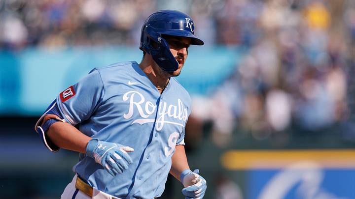 Sep 27, 2026; Kansas City, Missouri, USA;  Kansas City Royals first baseman Vinnie Pasquantino (9) rounds the bases after hitting a home run during the eighth inning against the Cleveland Guardians at Kauffman Stadium.  Mandatory Credit: William Purnell-Imagn Images