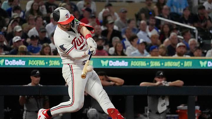 Aug 18, 2026; Minneapolis, Minnesota, USA; Minnesota Twins catcher Ryan Jeffers (27) hits a two-run double against the Atlanta Braves in the eighth inning at Target Field. Mandatory Credit: Bruce Kluckhohn-Imagn Images Aug 18, 2026; Minneapolis, Minnesota, USA; Minnesota Twins catcher Ryan Jeffers (27) hits a two-run double against the Atlanta Braves in the eighth inning at Target Field. Mandatory Credit: Bruce Kluckhohn-Imagn Images
