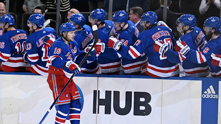 Feb 5, 2024; New York, New York, USA;  New York Rangers left wing Artemi Panarin (10) celebrates his