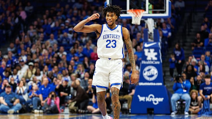 Nov 6, 2023; Lexington, Kentucky, USA; Kentucky Wildcats guard Jordan Burks (23) celebrates during
