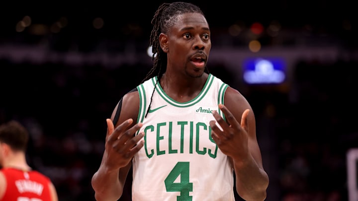 Jan 3, 2025; Houston, Texas, USA; Boston Celtics guard Jrue Holiday (4) reacts after a foul call against the Houston Rockets during the third quarter at Toyota Center. Mandatory Credit: Erik Williams-Imagn Images
